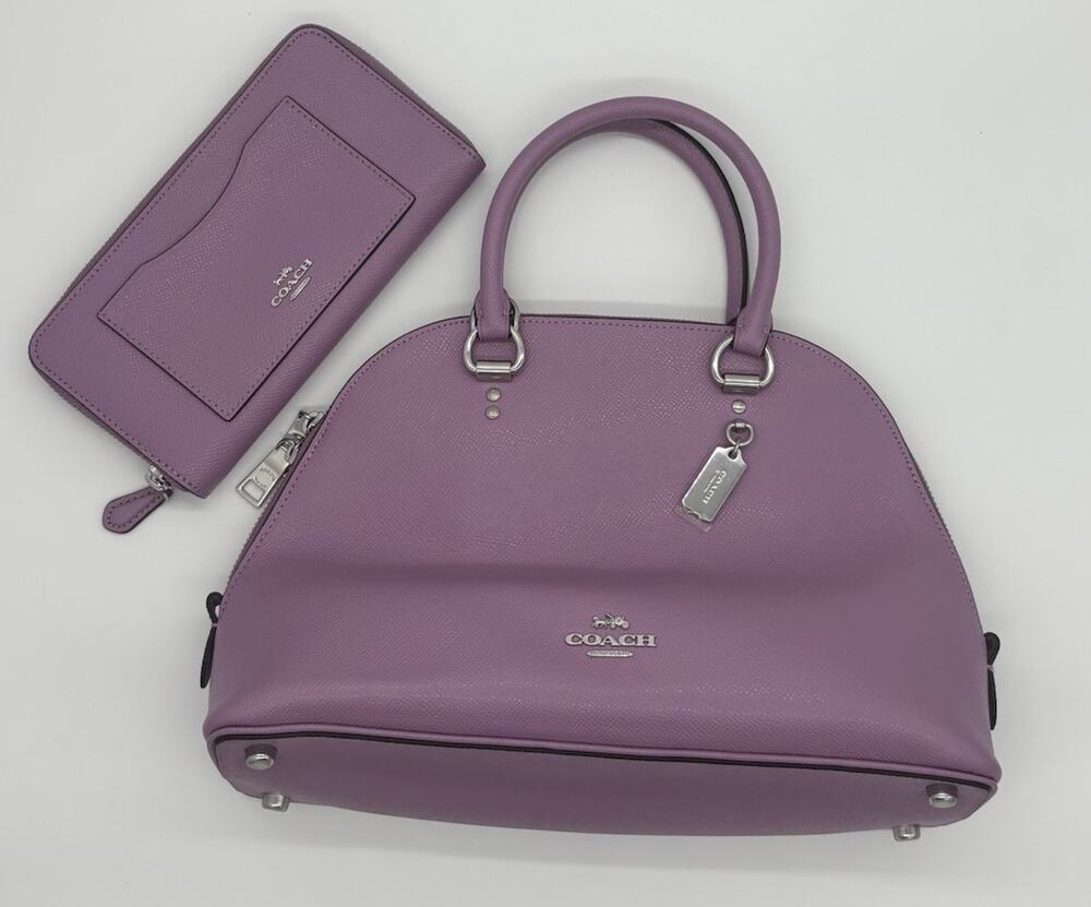 Coach Women’s Purple Pebbled Dome Satchel Top Handle Bag Zip, Charm, Studs